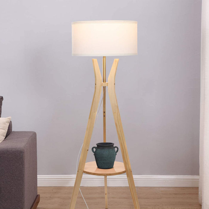Brightech LED Mid Century Modern Wooden Tripod Base Floor Lamp W/ Shelf